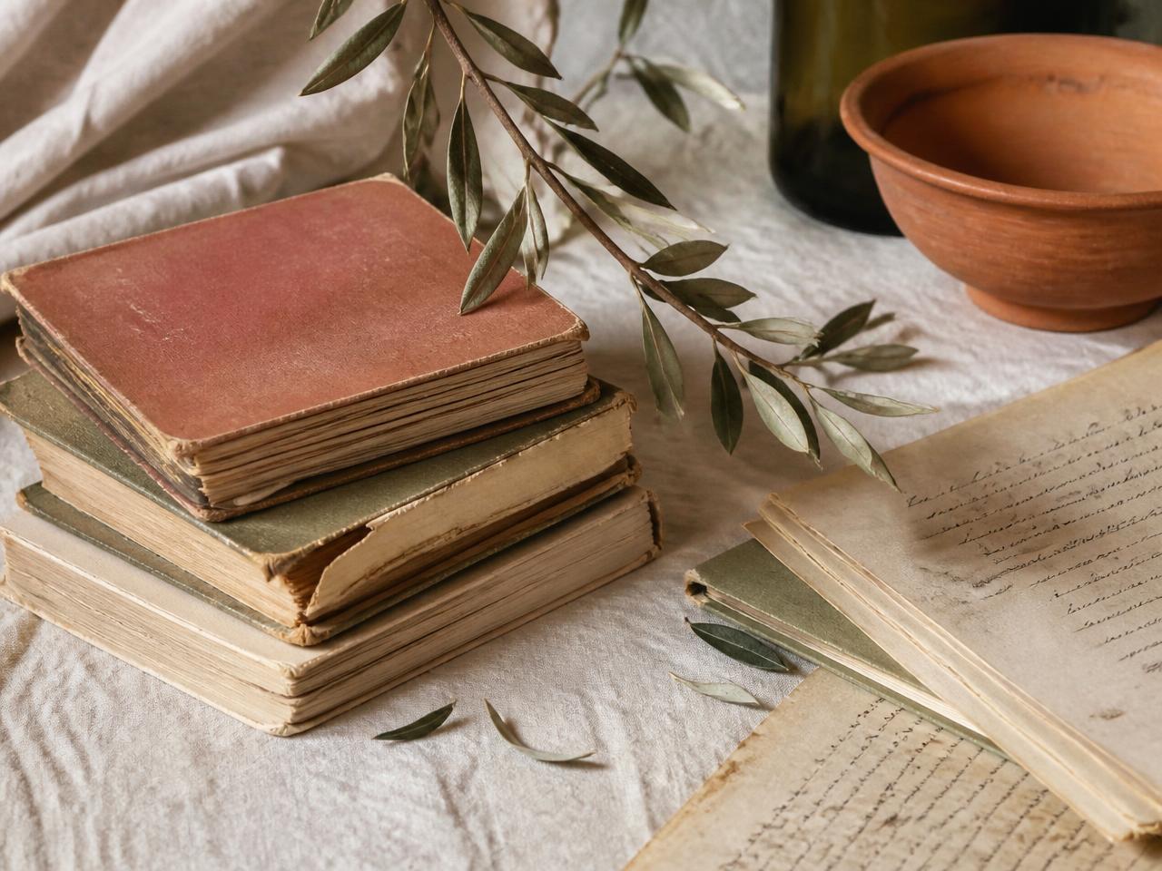 Libri consumati e appunti scritti a mano su una tovaglia di lino